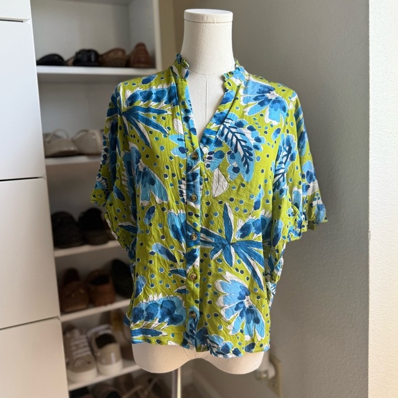 Anthropologie Green and Blue Vera Valley Flutter Short Sleeve Button Up Blouse - Picture 11 of 15